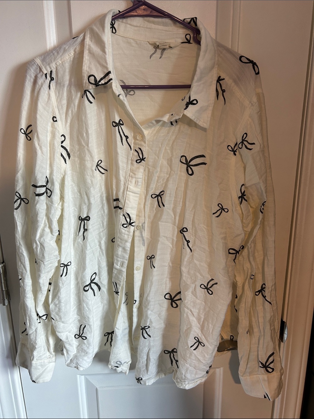 Women’s White Button-Up Shirt with Black Bow Print